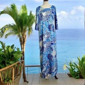 Vintage Kiyomi Hawaii Caftan Maxi Dress Blue Island Floral Open Shoulder Size 10